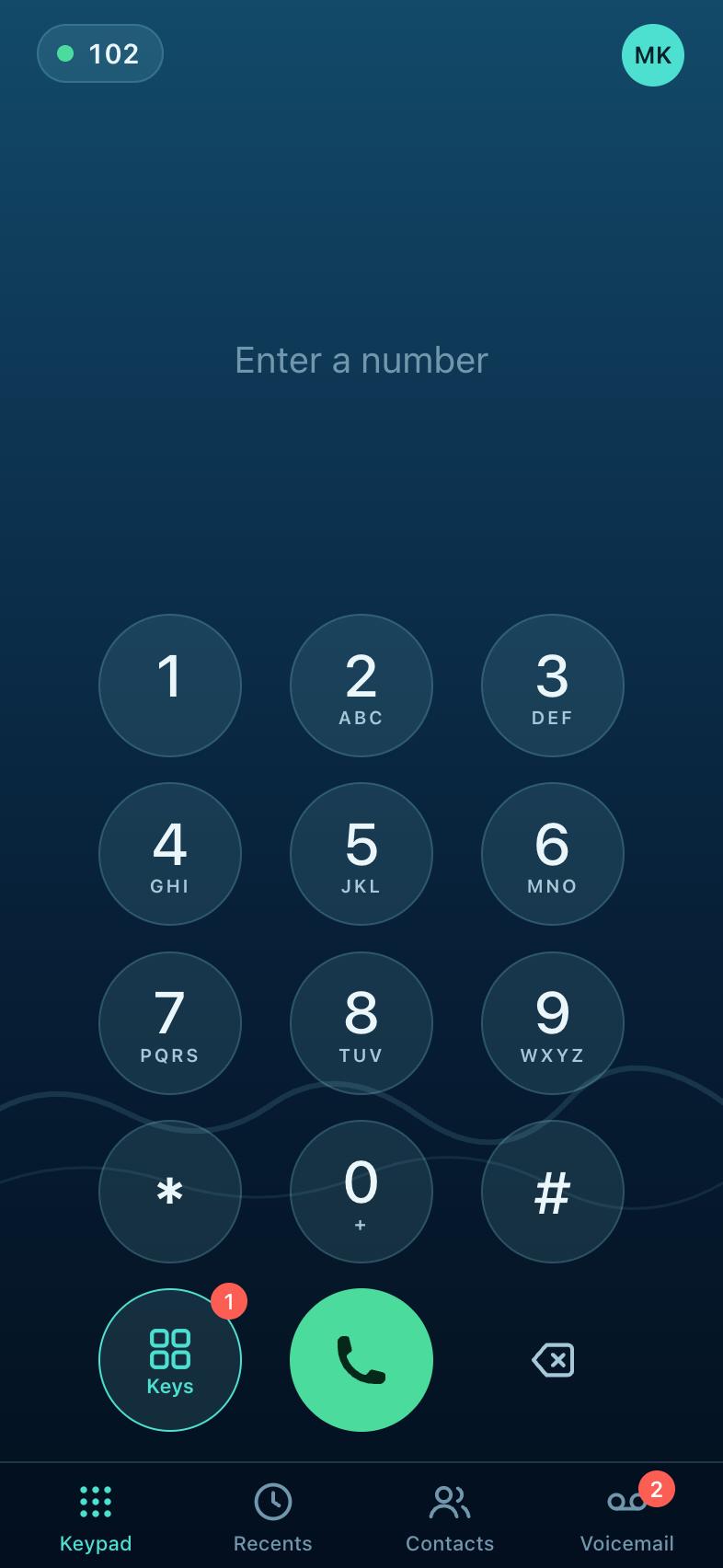 The app's keypad, with a Keys button showing one caller waiting