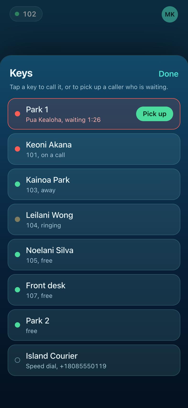 The Keys sheet: a parked caller to pick up, colleagues with busy lamps, and a speed dial