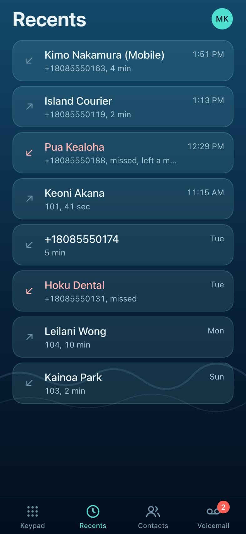 Recent calls, with missed calls marked