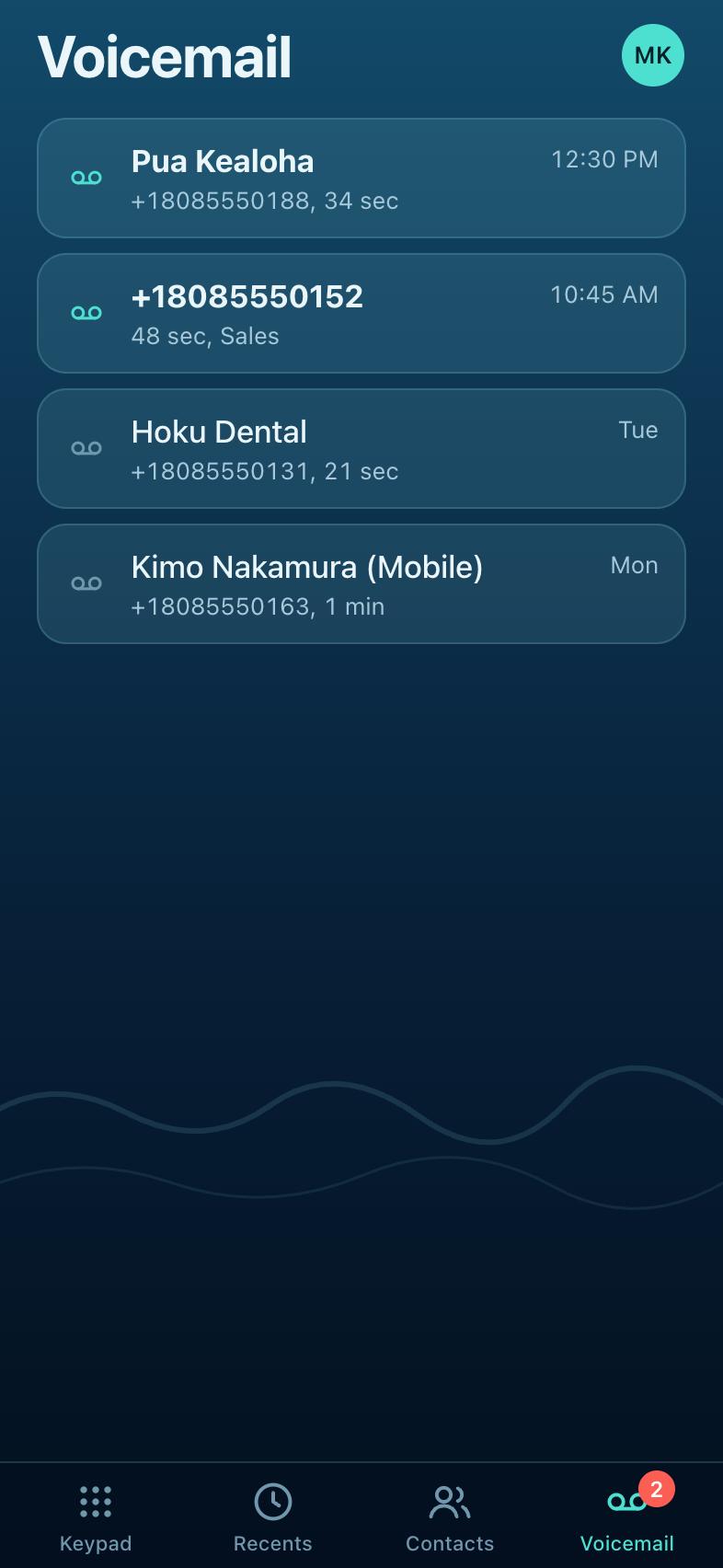 The voicemail list, with two new messages