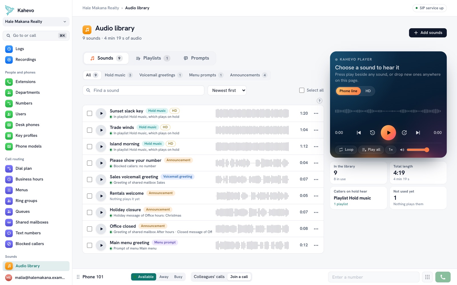 The audio library with its player and a list of sounds