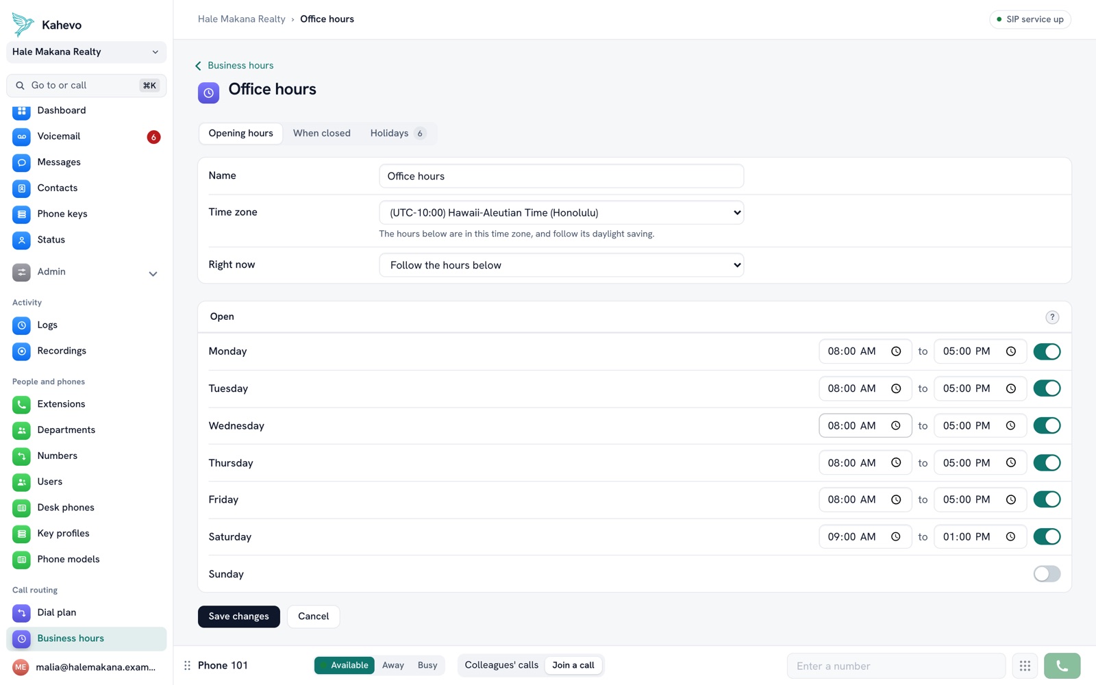 A business hours profile with weekly hours