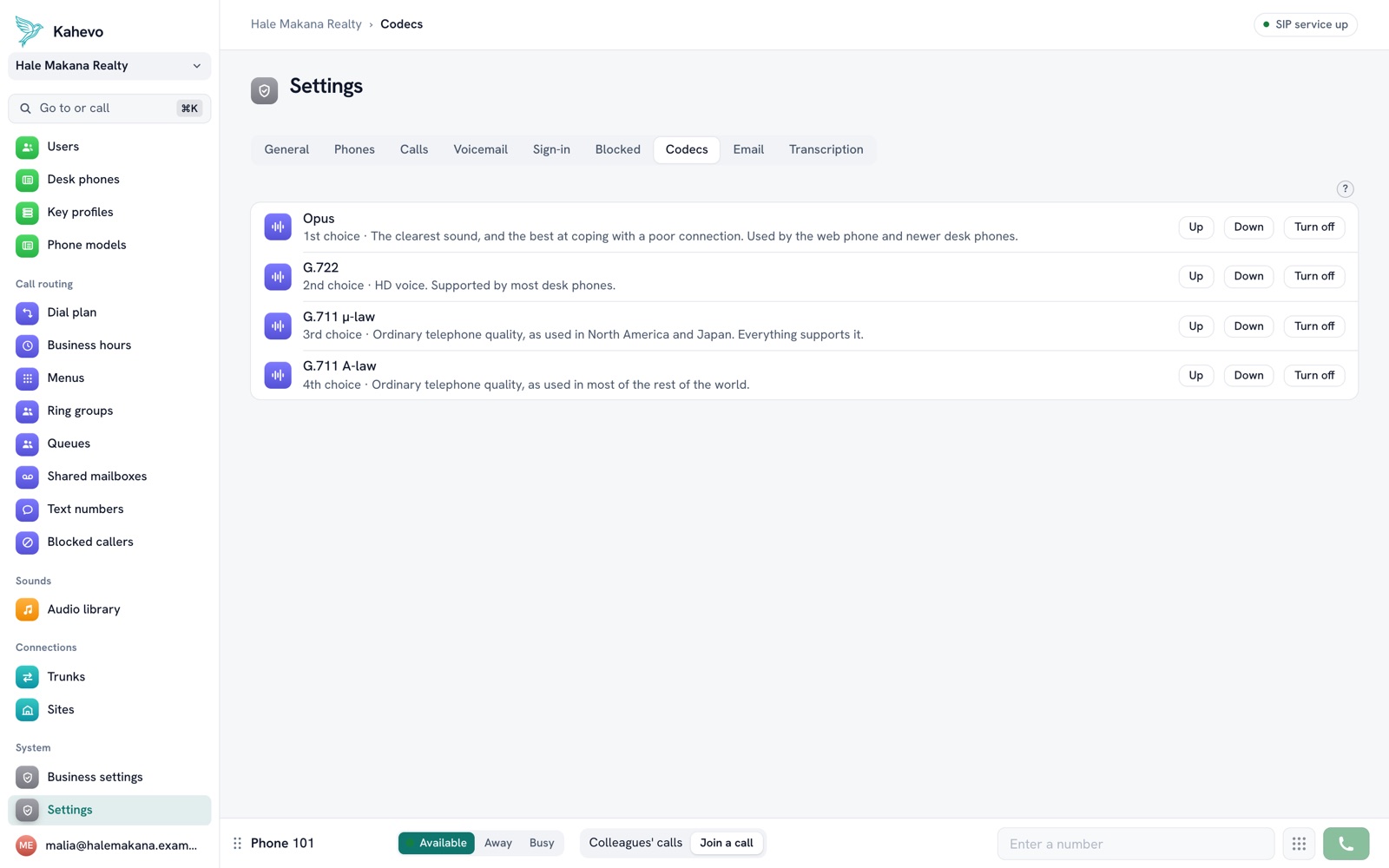 The codecs page listing the audio formats in order