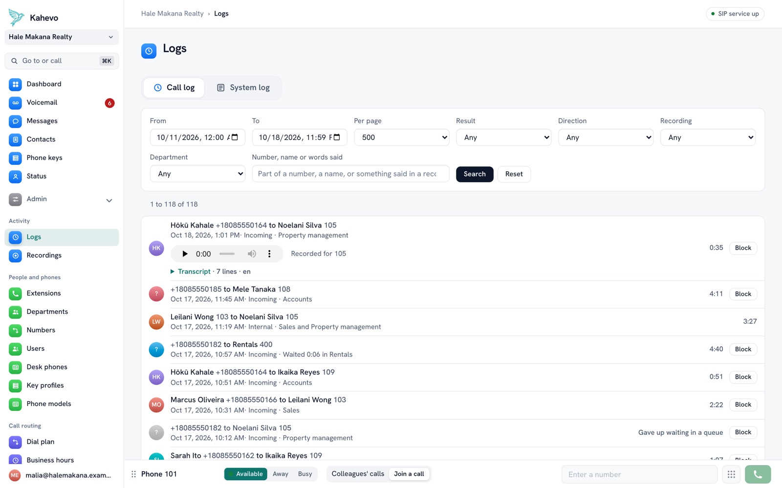 The call log with its search and filters