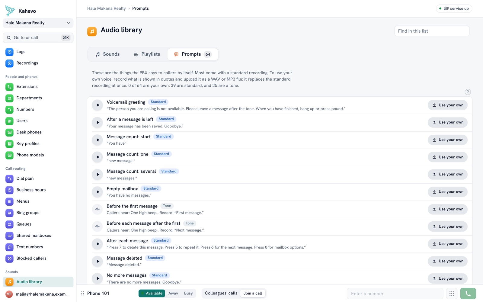 The prompts page listing the standard recordings