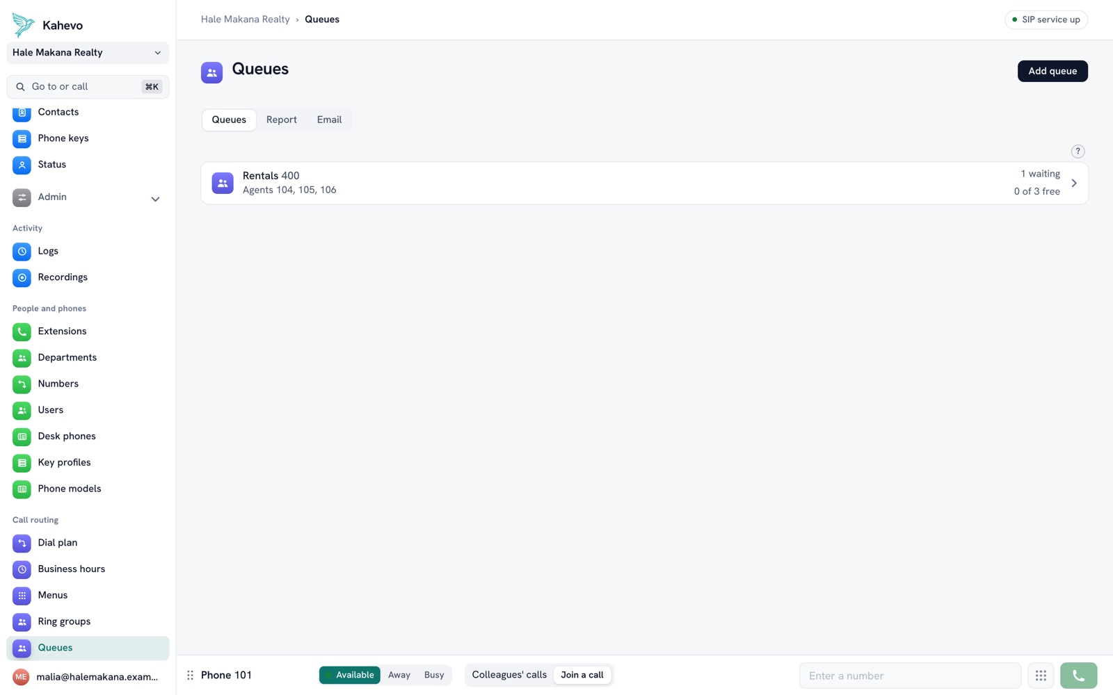 The queues page with a queue and its agents