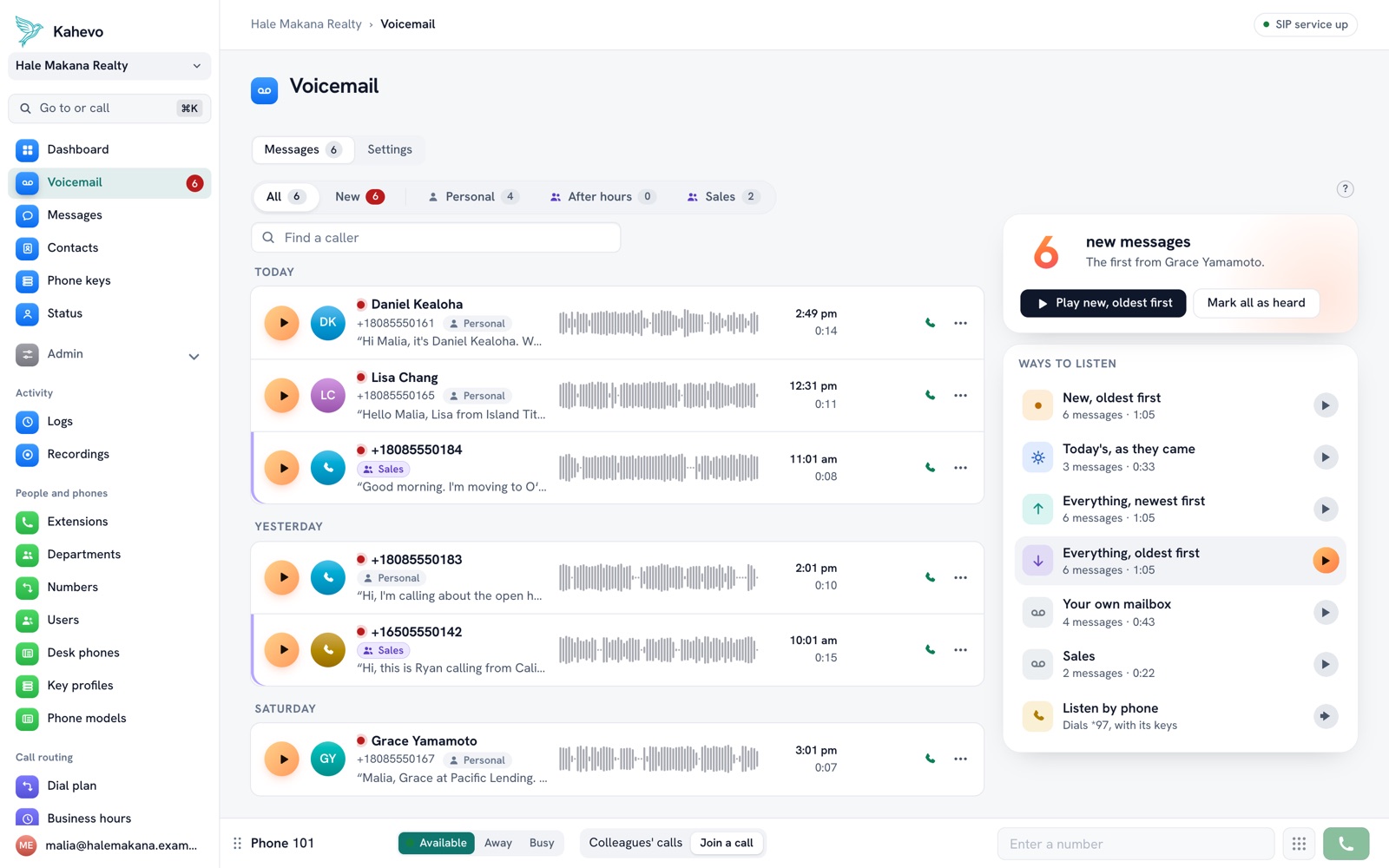 The voicemail inbox with messages and what each caller said